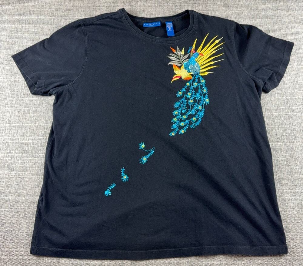 Karen Scott Sport Womens XL Black Peacock Embroidered Beaded Sequin T Shirt